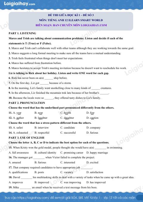 Đề thi giữa kì 1 Tiếng Anh 12 iLearn Smart World - Đề số 3
